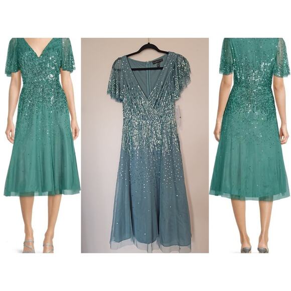 Aidan Mattox Dresses & Skirts - Aidan Mattox Beaded V-Neck Short Sleeve A-Line Midi Dress – Oil Green – Size 2